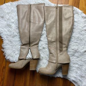 Torrid Tan Knee High Boots with Crochet Lace Insert Stacked Heel